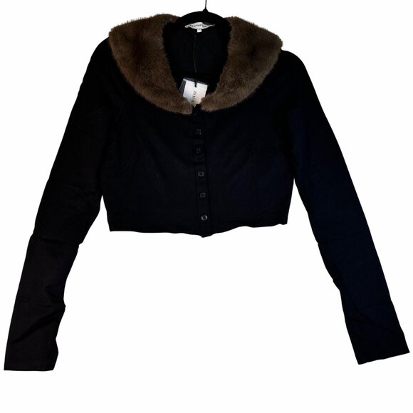 WeWoreWhat Black Button Front Crop Cardigan Sz M Faux Fur Collar Sweater NWT - Picture 2 of 9